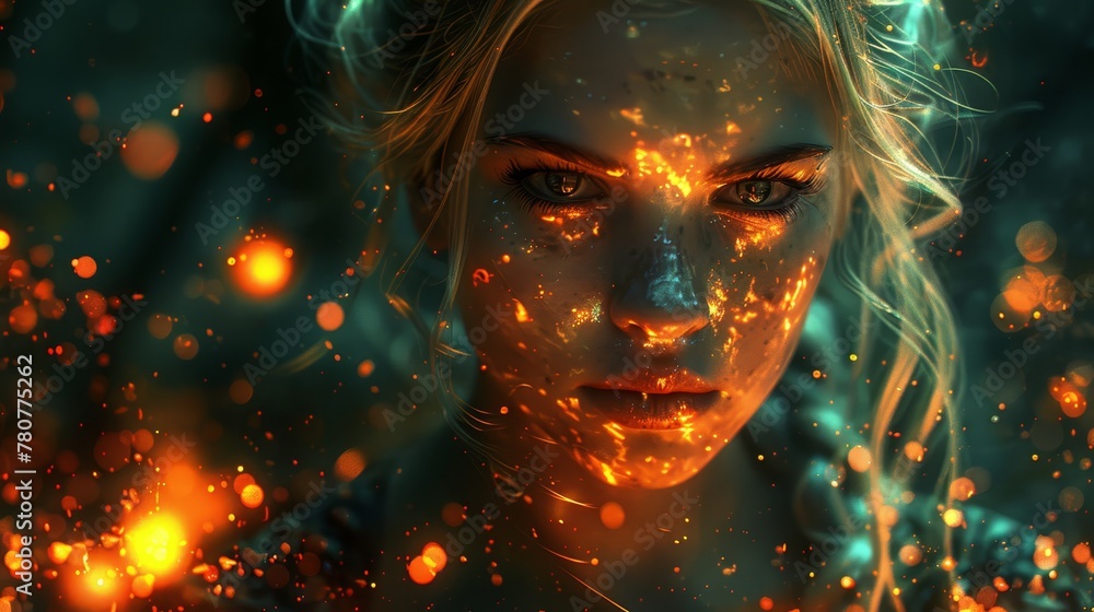   Digital painting of a woman's face with radiant lights encircling her, hair flowing in the wind