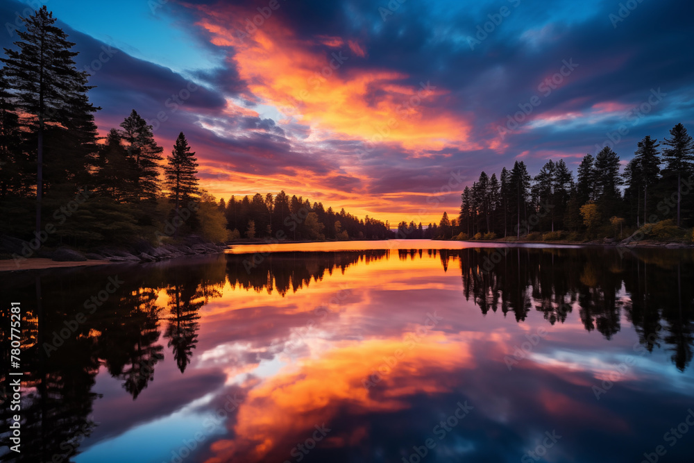 Serene lake reflecting the vibrant colors of a sunset sky. Generative AI