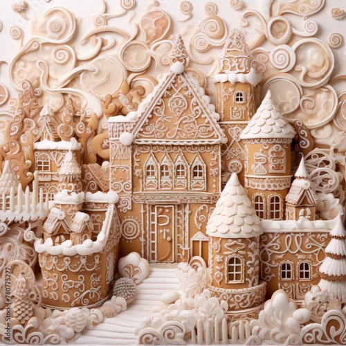 Whimsical 3D illustration of a gingerbread house with intricate details and a snowy landscape.