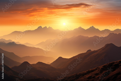 Serene sunrise over a misty mountain range. Generative AI #780775288