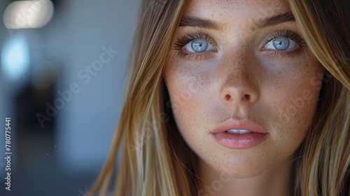   A tight shot of a woman's face adorned with freckles, some larger than others photo