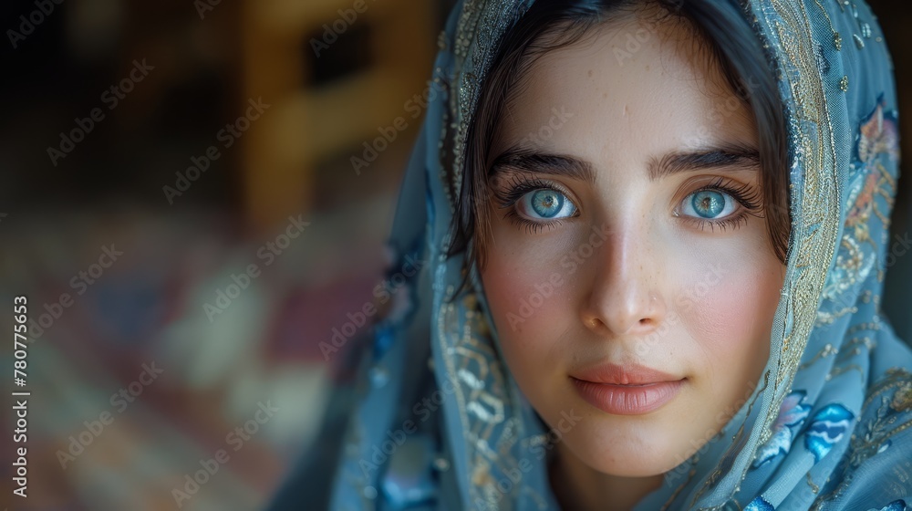 A woman's face, tightly framed by a blue headscarf and an additional scarf draped over her head A woman's face, tightly framed by a blue headscarf and an additional scarf draped over her head