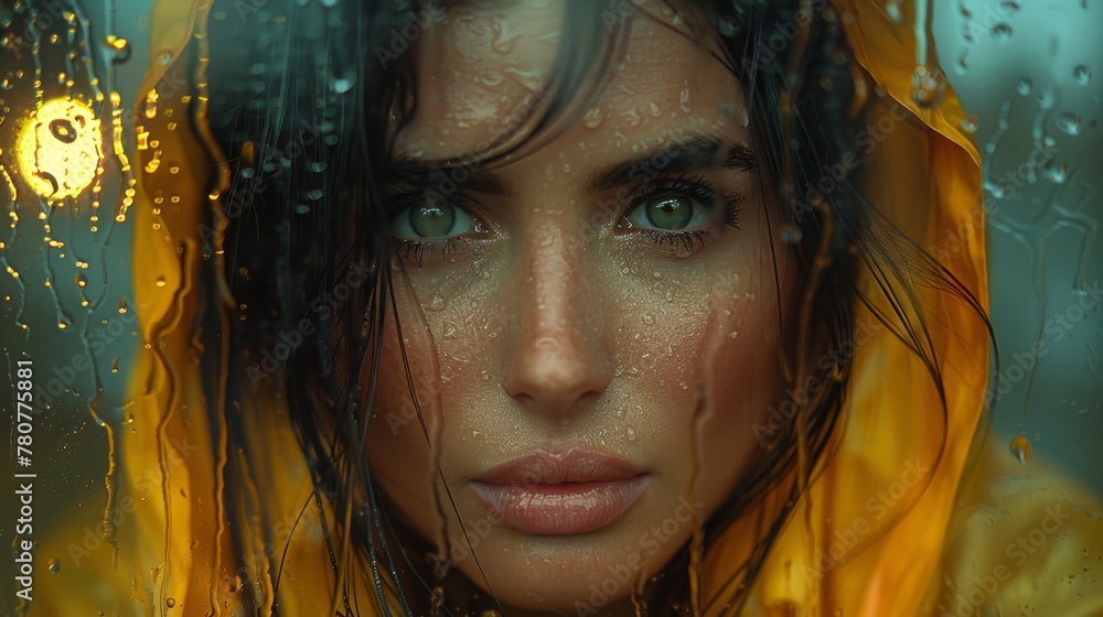   A woman in a yellow raincoat gazes out of the window, raindrops dotted on her face, as wind tousles her hair