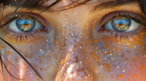  A woman's face, tightly framed, adorned with golden flecks, gazes out with captivating blue eyes