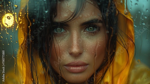   A woman in a yellow raincoat gazes out of the window, raindrops dotted on her face, as wind tousles her hair photo