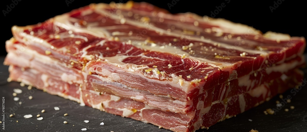   A raw meat slice atop a dark backdrop, dotted with seasonings