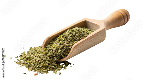 Dried green tea on wooden scoop on transparent background