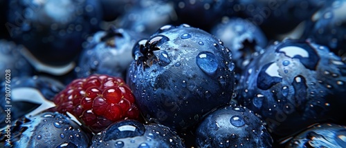   A mound of blueberries and strawberries, dripping with water, centers around a solitary red berry in the photograph