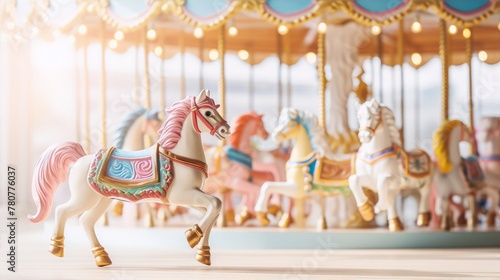 Closeup of a white and pink colored carousel horse with a golden mane and saddle against a blurry background of a vintage carousel.