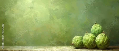   A painting of green hops atop a wooden table against a verdant backdrop photo