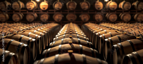 Old Wine Cellar Filled With Wooden Barrels Stacked in Rows photo