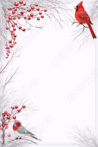 Two red cardinals birds on snowy winter branches with red berries in the corner of a white background, digital art, highly detailed, soft lighting