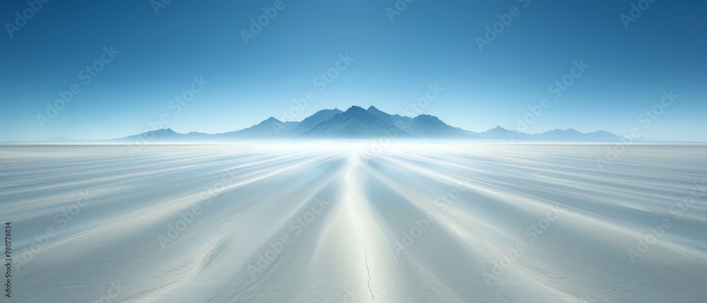   A view of a distant mountain range over a vast, snow-covered ground Mountains in the distance