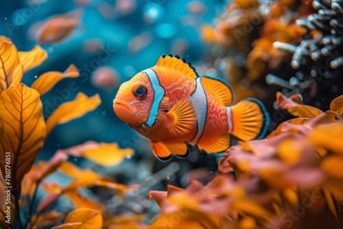 A stunning visual of a bright orange clownfish swimming through vibrant coral reefs in a crystal-clear underwater scene