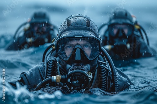 A group of military frogmen perform a covert operation in deep dark waters, showcasing courage and stealth in a tense scenario photo