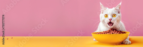 Happy white cat surprised by his excellent bowl of kibble on a pink and yellow pastel background. Advertising, commercial. Spacy text. Banner.