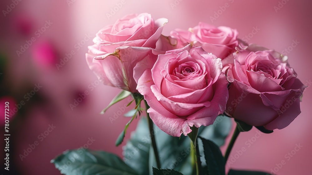   A table holds a vase with pink roses, while another table hosts a vase filled with pink flowers