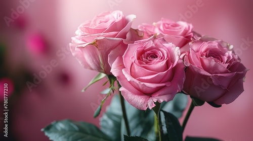   A table holds a vase with pink roses  while another table hosts a vase filled with pink flowers