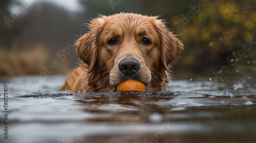 A tight shot of a dog holding a ball in its mouth submerged in water, surrounded by trees in the background