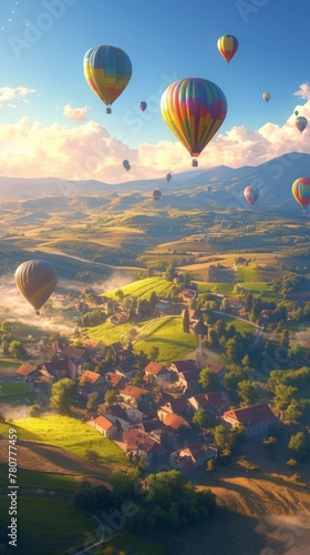 Top view of green landscape and mountain valleys and colorful hot air balloons flying in the sky