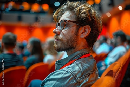A person is viewed from behind while attending a conference event, sitting among an audience