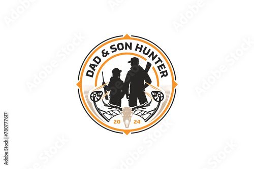 father and son hunter bow and deer head skull logo design for hunt sport adventure brand identity