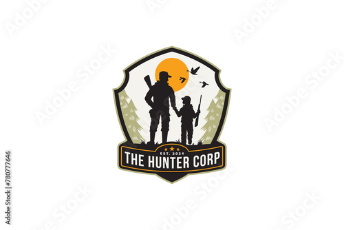 father and son hunter with forest sun and duck logo design for hunt sport adventure brand identity