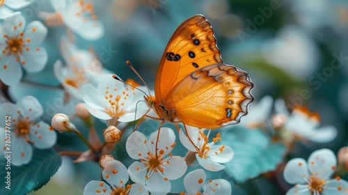   A tight shot of a butterfly atop a bloom against a backdrop of numerous small white flowers and a blue expanse © Jevjenijs