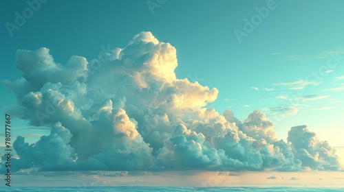   A large cloud floats in the blue sky above a tranquil body of water A boat is moored in the foreground