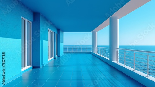  A long hallway with blue-painted walls Sunlit balcony overlooks the ocean in an apartment building