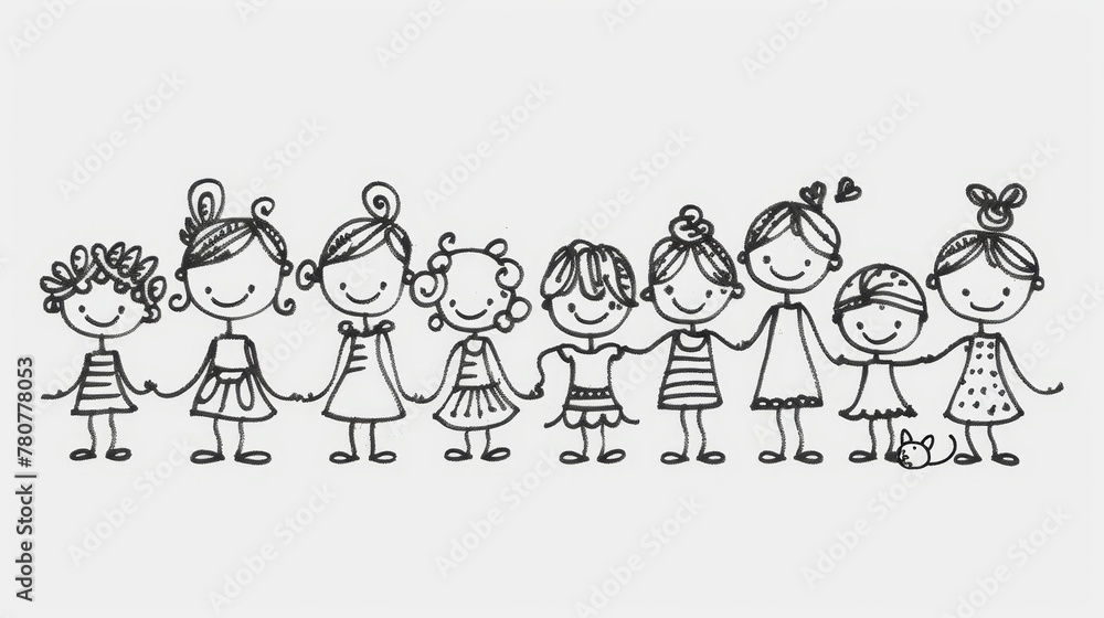 A monochrome depiction of a row of small girls, hands intertwined in each other's pockets and joined together A monochrome depiction of a row of small girls, hands intertwined in each other's pockets and joined together