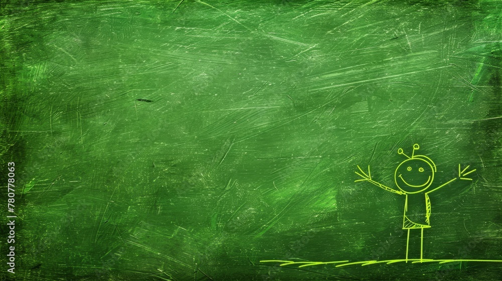   A person stands before a green chalkboard In the background, a black bird flies