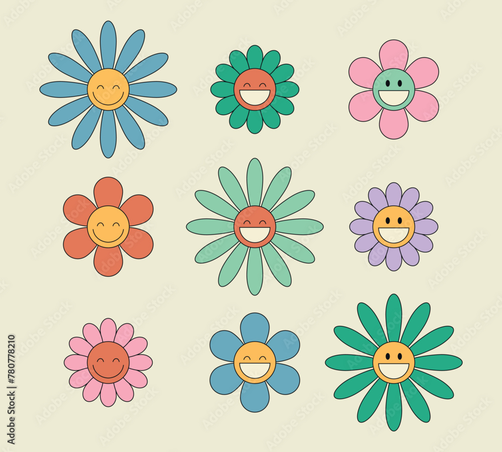 Groovy daisy flower characters set. Hippie retro style. Flower icons. Vector illustration Groovy daisy flower characters set. Hippie retro style. Flower icons. Vector illustration
