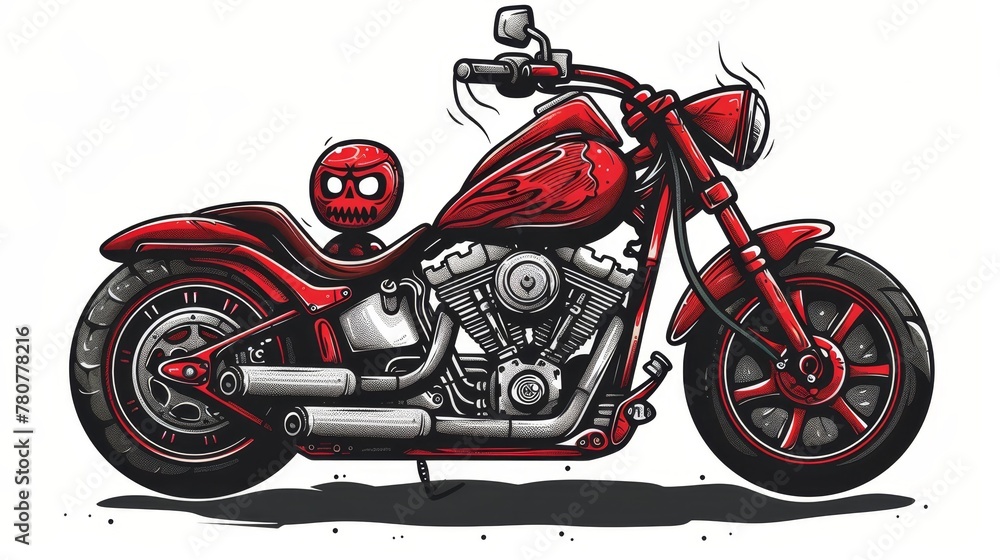   A red motorcycle depicted with a skull on each tire
