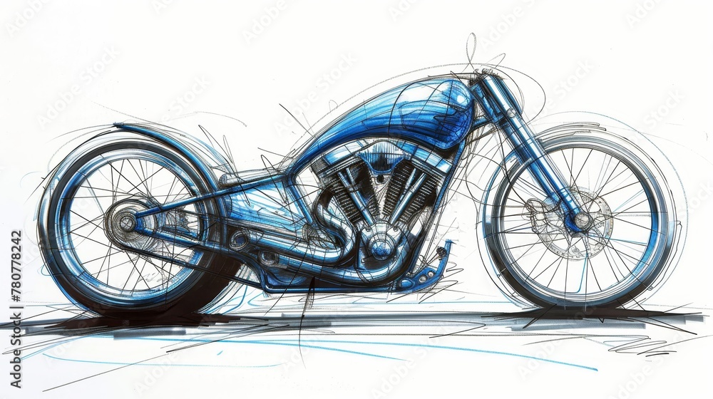   A motorcycle drawing is depicted in blue and black ink against a white background, with a shadow beneath it