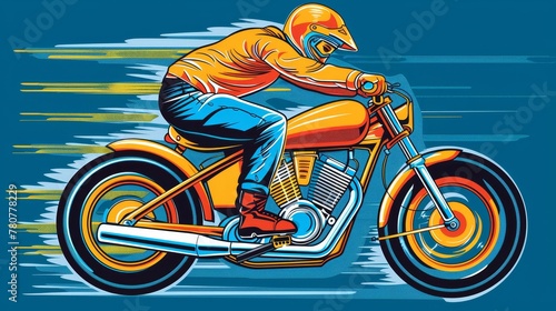  A man rides on a motorcycle's back against a blue background, adorned with yellow and orange paint splatters