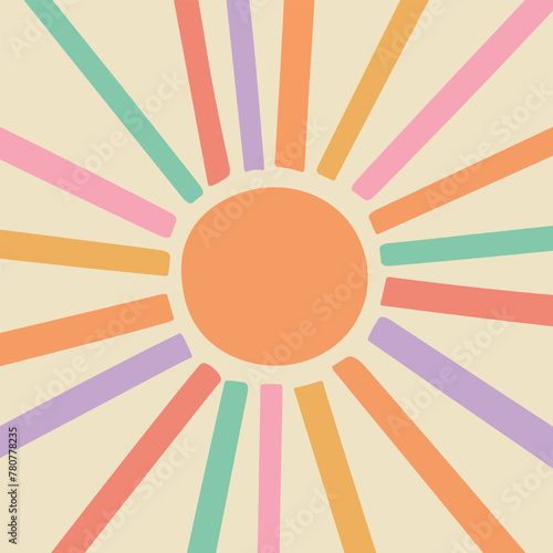 Cute hand drawn sun in groovy colors. Scandinavian style decoration for kids room. Vector illustration