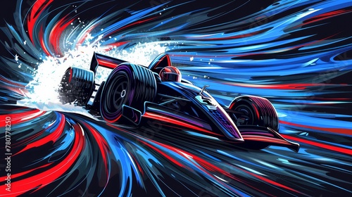   A painting of a racing car with red, white, and blue exhaust streaks emerging from its front © Jevjenijs
