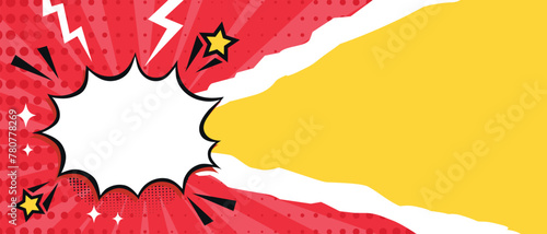 Pop art bright banner with speech bubble cloud and torn paper. Comic background with dots, stripes, stars and lightning. Vector illustration