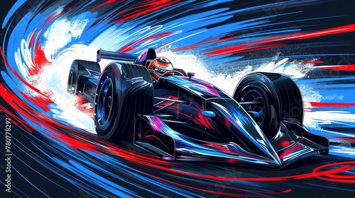   A painting of a racing car navigating a tunnel adorned with red, white, and blue swirls against a backdrop of black © Jevjenijs