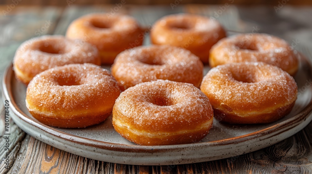   A plate holds numerous doughnuts, arranged at its center