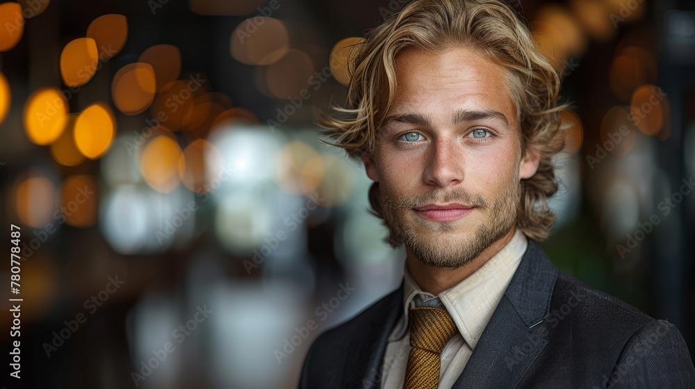A tight shot of a person dressed in a suit and tie, with a background of softly blurred lights A tight shot of a person dressed in a suit and tie, with a background of softly blurred lights