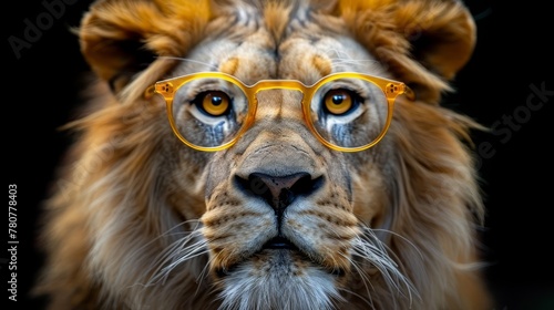   A tight shot of a lion donning yellow glasses against a black backdrop  its regal head framed within