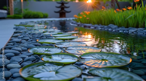   A row of water lilies floats atop the pond, adjacent to a lush, green grassy park area