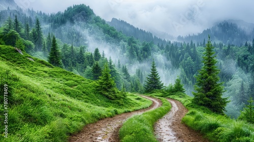   A winding dirt path through a verdant hillside, flanked by pine trees on each side photo