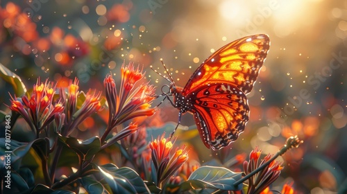  A tight shot of a butterfly perched on a plant, sun rays filtering through leaves and blossoms behind