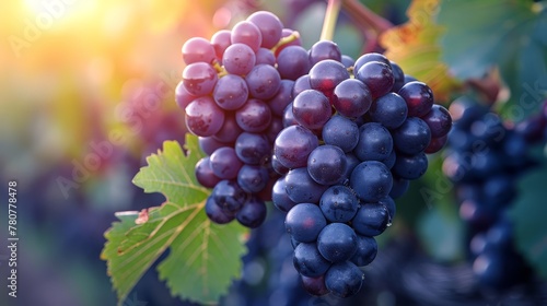  Grapes hanging from a vine, sun shining through opposite leaves