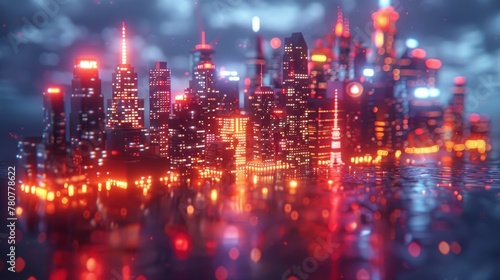   A cityscape image at night  featuring numerous lit buildings and water in the foreground