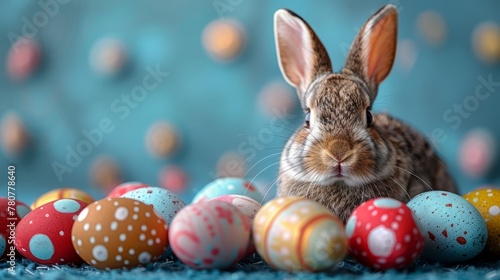   A rabbit sits before vibrant Easter eggs against a blue backdrop, adorned with polka-dotted eggs in the foreground