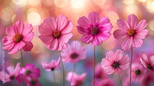   A group of pink flowers with a blurred background of pink flowers  in the foreground and a blurred background of pink flowers  bokeh in the background